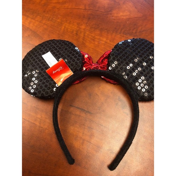 Disney Minnie Mouse Black Sequin Ears Headband Metallic Red Bow - Picture 2 of 2